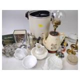 Candlesticks, teapot lamp, milk glass hand dish,