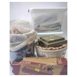 Baskets, broken bird cage, plastic storage totes,