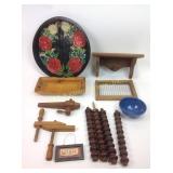 Enamel bowl (15 in), wood decor, wood clamp, w/