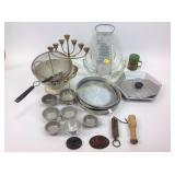 Glass bowl, brass candle holder, colander,