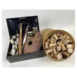 Antique thread spools, antique tin box w/painting