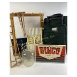 Weaving shuttle, yarn rack, vintage bingo game,