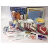 Party supplies, including plates, cups, napkins