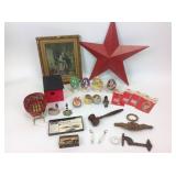 Metal star, Easter eggs, birdhouse, file folders,