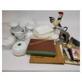 Rooster - some damage, Misc dishes, book,