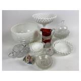 Milk glass, ruby flash pitcher, cut glass sugar