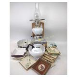 Glass lamp, doll chair, baking pans, flower