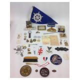 Stamps, metal box, watches, eagle buttons, pins