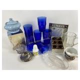 Glassware, tumblers, trinket tray, blue trinket