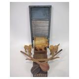 Wood decor including elephant, dogs,