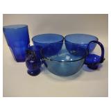 Cobalt glassware: owl paperweight, basket, etc.