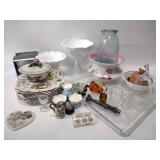 Milk glass compote, Johnson Bros plates, assorted