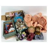 Unfinished crochet work, doll parts, shells,