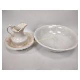 Stoneware pitcher and bowl, larger bowl