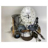 Enamel pans, candle holder, mini scoop, ladle,