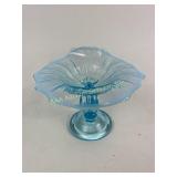 Blue opalescent glass dolphin compote