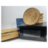 Microwave, LP vinyl records, wicker paper plate