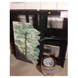 Painting on board, painted buckets, wood pieces