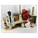 Small ironing board, ceramic Christmas carolers,