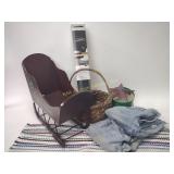 Hooked rug, basket, peel & stick blackboard