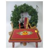 Painted stool, Christmas wreath, shoe brushes