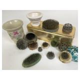 Floral frogs, metal box, enamel lid