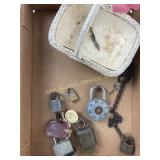 Several Locks, some with keys, small wicker