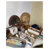 Craft supplies, thread, yarn, towel rod, hats,