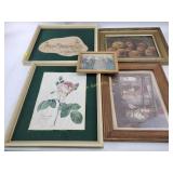 Vintage framed art, country-themed, variety of