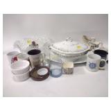 Limoges tureen, EAPG punch bowl,  platter, mugs,