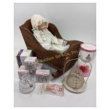 Porcelain dolls, wooden doll cradle, Marilyn