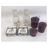 Crocs with lids, Dairy glass jars, cigar boxes