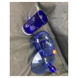 Cobalt blue stemware, mug with etched clear glass