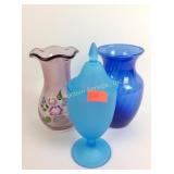 Vases frosted  blue glass, blue glass, hand