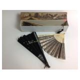 3 antique hand fans, paper box