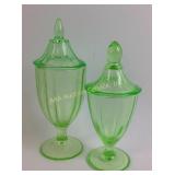 2 Cambridge green depression glass covered candy