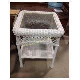 Glass top faux wicker patio table. 22"h x 17"sq.
