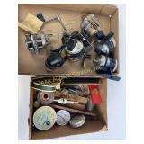 Vintage fishing tackle including hooks, line,
