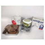 Pyrex casserole dish, muffin tin, Proctor silex