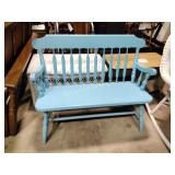 Blue painted windsor style bench. 35.5"h x 42"w x