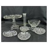 Glass condiment bowls, vases and cake stand