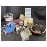 Clock, candles, ceramic pitcher, ceramic bowl,