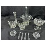 Clear glass salt dips, creamer and sugar bowl,