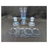 Light blue candle sticks, vase, plates, salt dip