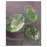 Uranium green depression glass, soving plates and