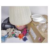 Pink table lamp, Ford truck mirrors, glassware,