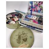 Sewing box with notions, vintage cookie tin with