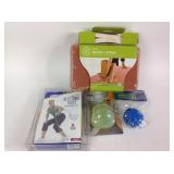 Yoga block and strap, resistance tubes, hand