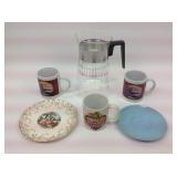 Vintage glass pitcher, coffee mugs, WS George