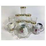Kerr mason jars, porcelain teapot, pressed glass